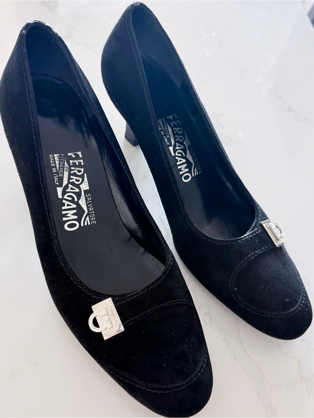 Salvatore Ferragamo Black Suede Mid-Heel Pumps with Silver Hardware